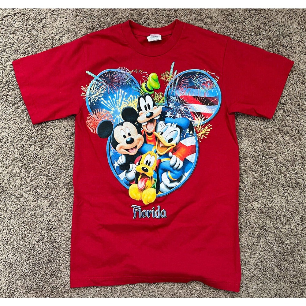 Disney World Florida Mickey Donald Pluto Goofy T-shirt Cotton Red Size Small